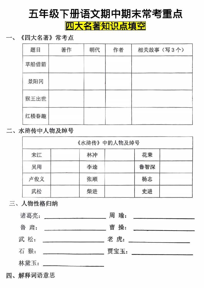 五年级下语文四大名著知识点填空-54资源网