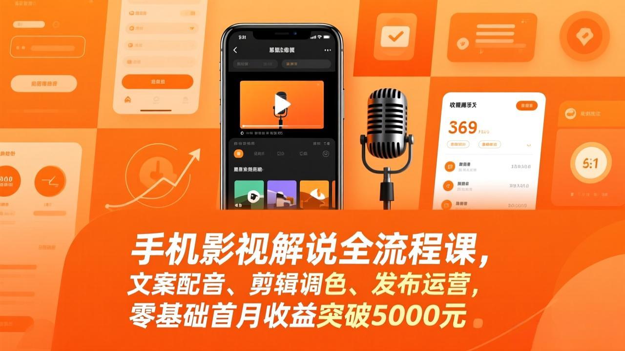 手机影视解说全流程课，文案配音、剪辑调色、发布运营，零基础首月收益突破5000元-54资源网